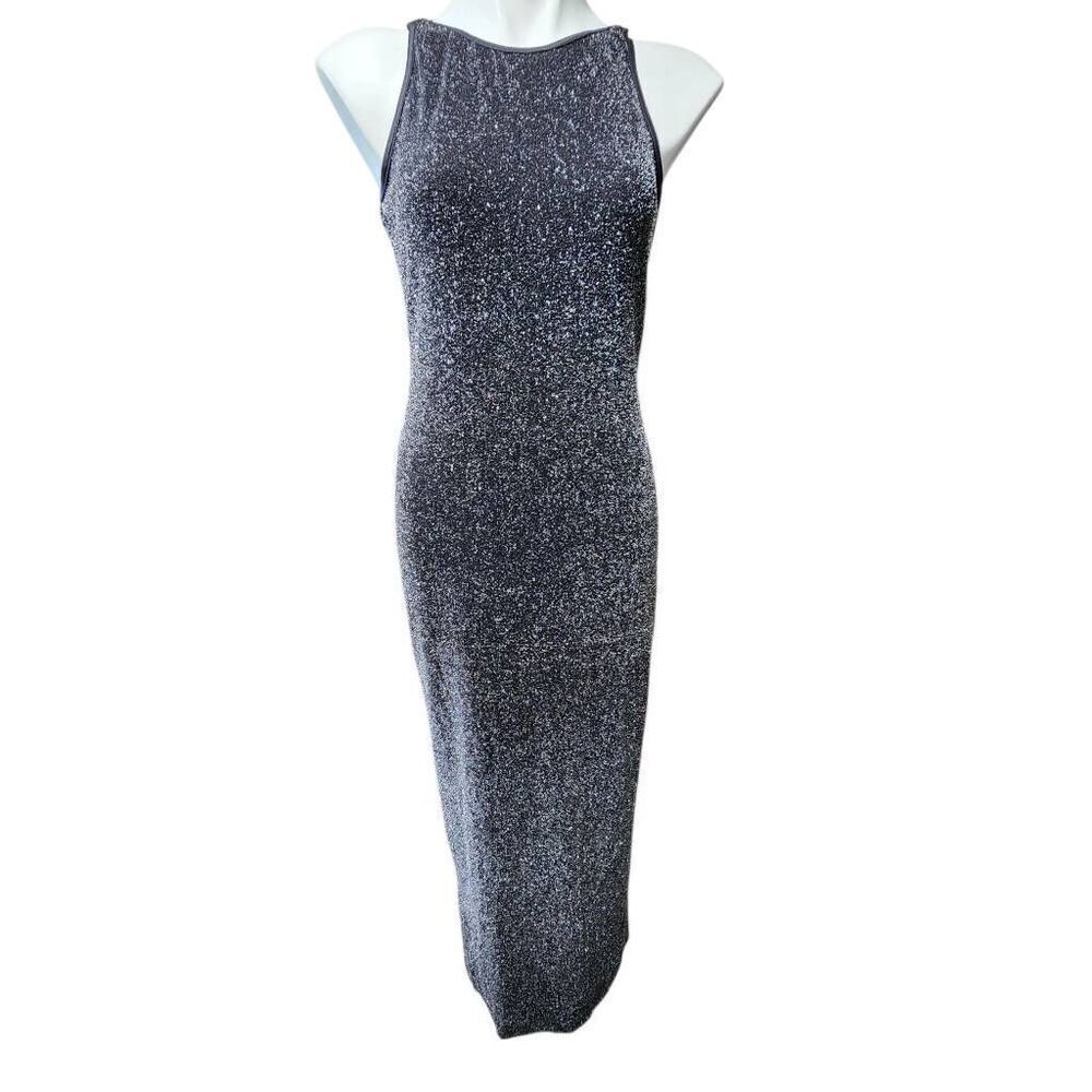 Vintage black tinsel Bodycon tank long dress silver shimmer medium USA ‎ Y2K